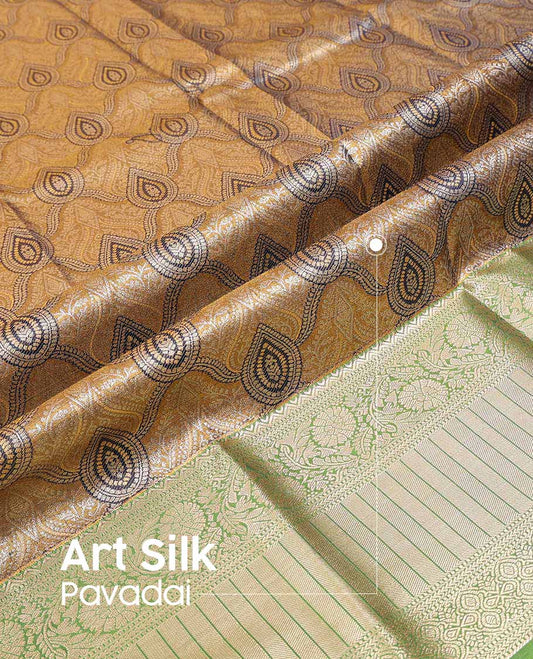 Brown floral jaal art silk pavadai material with contrast traditional zari design border & zari design blouse