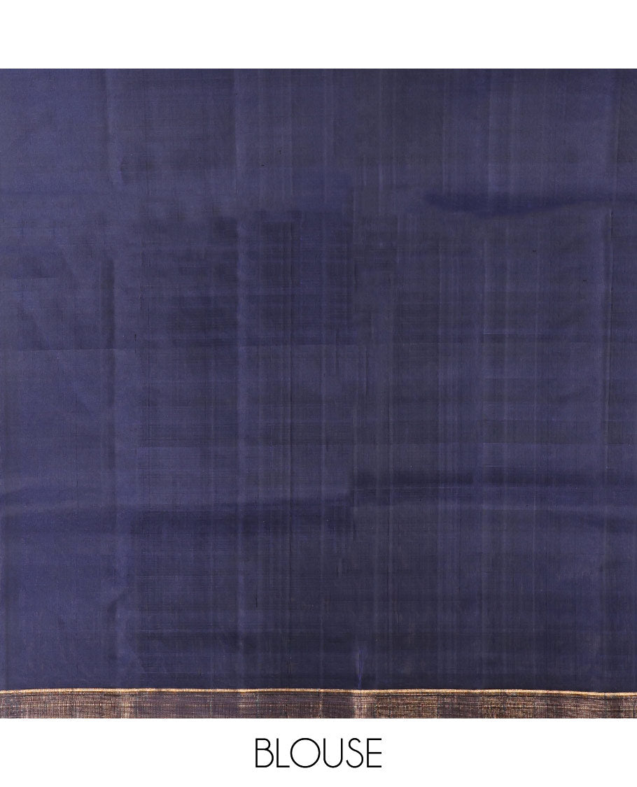 Blue Mayuri Soft Silk Saree, Embellished with Floral Buttas, a Zari Piping Border, Geometric Pallu, and a Matching Blouse