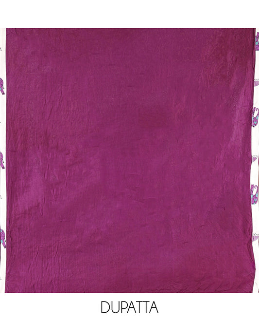 Cream-Purple Material Chudidar Features an Elephant-Umbrella Printed Top, a Contrast Bottom, Contrast Bordered Dupatta