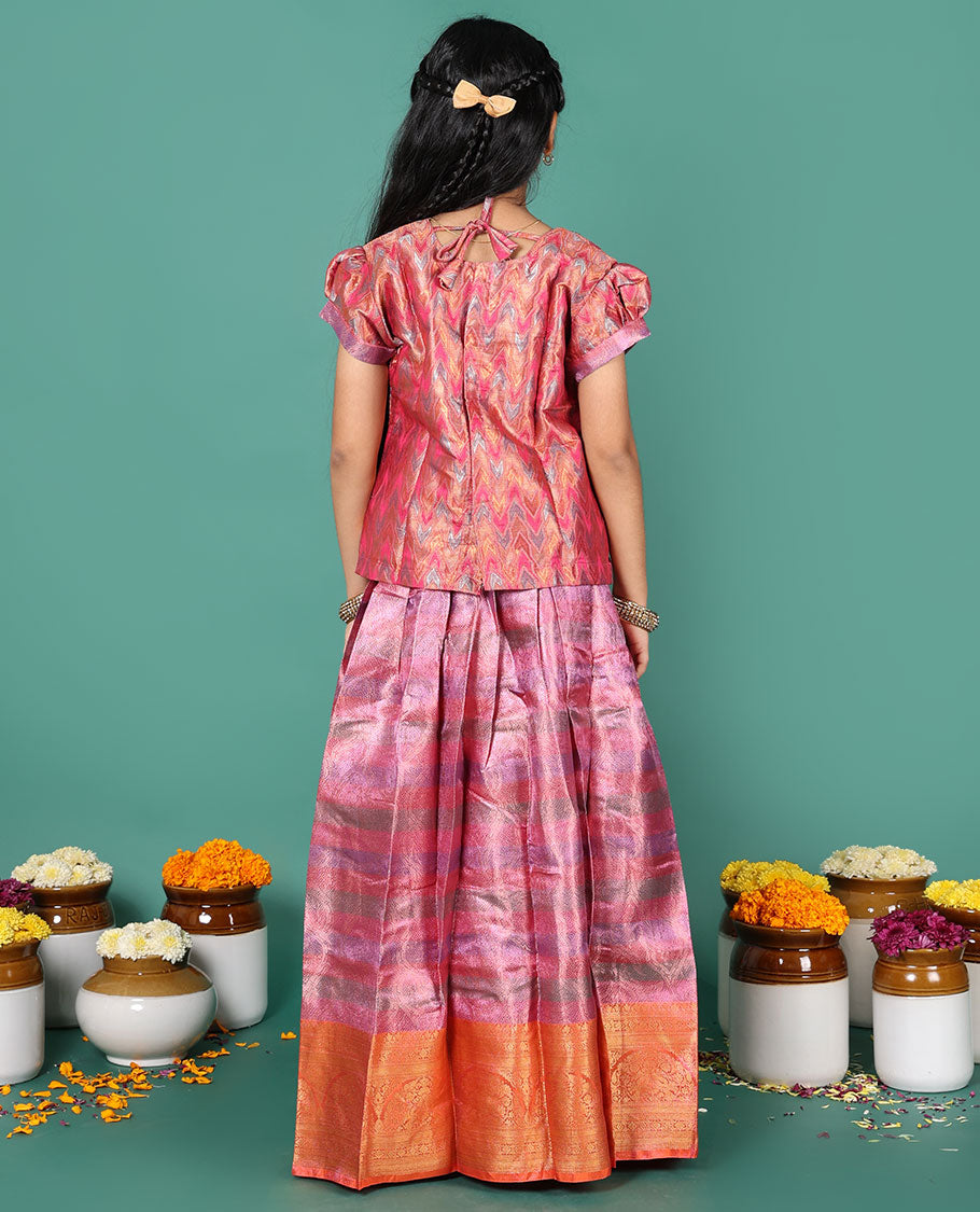 Pink readymade art silk pavadai, jacquard & contrast traditional border skirt & jacquard & embroidery round neck puff-sleeve blouse