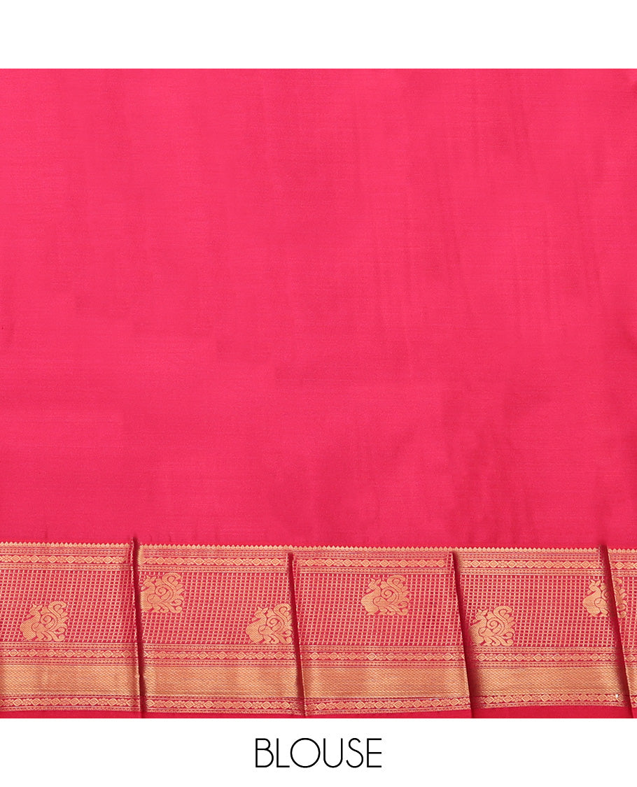 Pink Budget Silk Saree, Accentuated with Zari Buttas All Over Its Body, Complemented by a Contrast Traditional Zari Border, Grand Jaal Pallu, and Paired with a Contrast Blouse