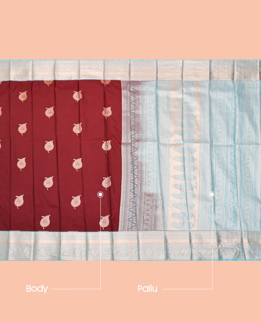 Maroon Budget Silk Saree, Detailed with Zari Buttas, Complemented by a Contrast Traditional Zari Border, Geometric Pallu, and a Contrast Blouse