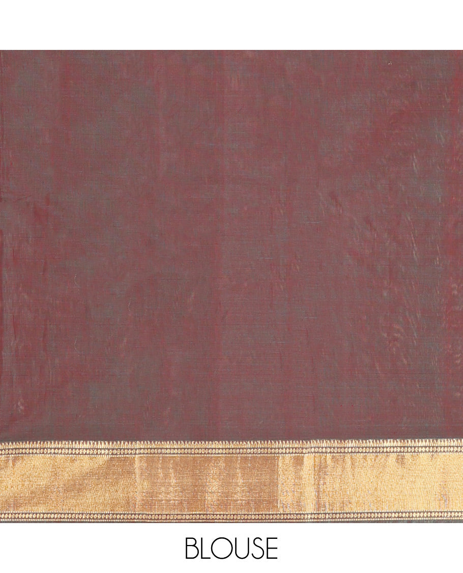 Rust Silk Cotton Saree, Highlighted by Zari Buttas On Its Body, Highlighted by Traditional Zari Border, Contrast Diagonally Woven Pallu and Paired with a Contrast Blouse