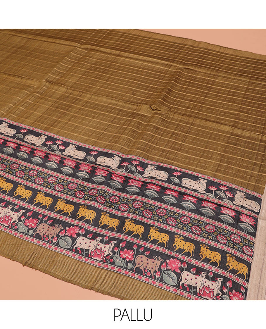 Mustard Tussar Silk Saree, Sparsely Threaded with Stripes, Complemented by a Contrast Pichwai Cow-Lotus Print Border, Printed Pallu, and a Contrast Blouse