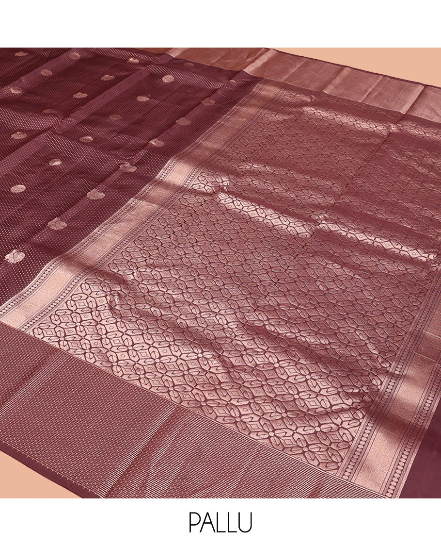 Coffee Brown Vasundhara Silk Saree, Finely Crafted with Raindrop Buttas, and Annam Chakram Bu\ttas on Its Body, Highlighted by a Zari Geometric-Textured Border, Gleaming Copper-Colored Zari Pallu of Jaal Designs, and Paired with a Matching Blouse