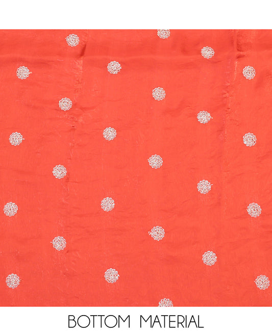 Orange Material Churidar Set, Graced with Floral Embroidered Motif on Its Top, a Matching Bottom, and Scallop Embroidered Border Dupatta