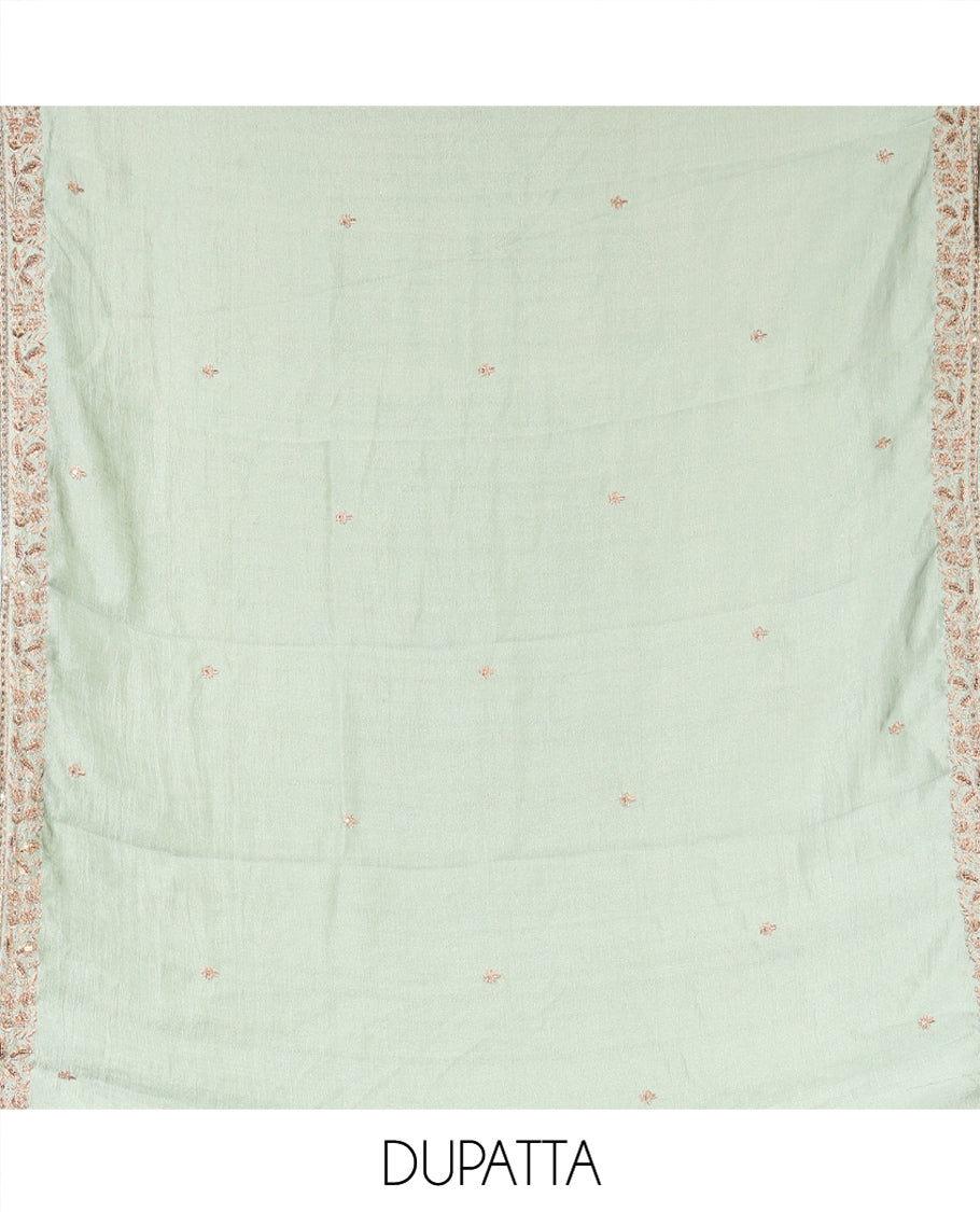 Pista Green Vichitra Silk Material Chudidar, Embroidered and Cut-work Top, Santoon Bottom, and an Embroidered Dupatta