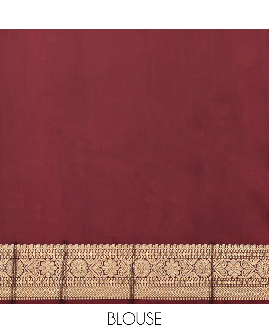 Maroon Budget Silk Saree, Woven with Zari Buttas, Highlighted by a Traditional Zari Border, Jaal Pallu, and Matching Blouse