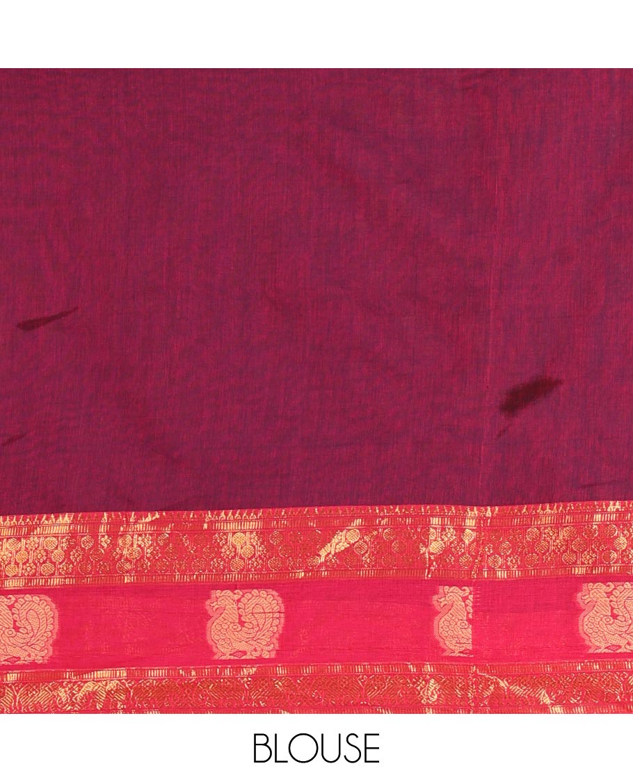 Majenta-rani pink sungudi cotton half-saree, plain with contrast traditional zari peacock motif bordered skirt, matching blouse, and a zari bordered dhavani