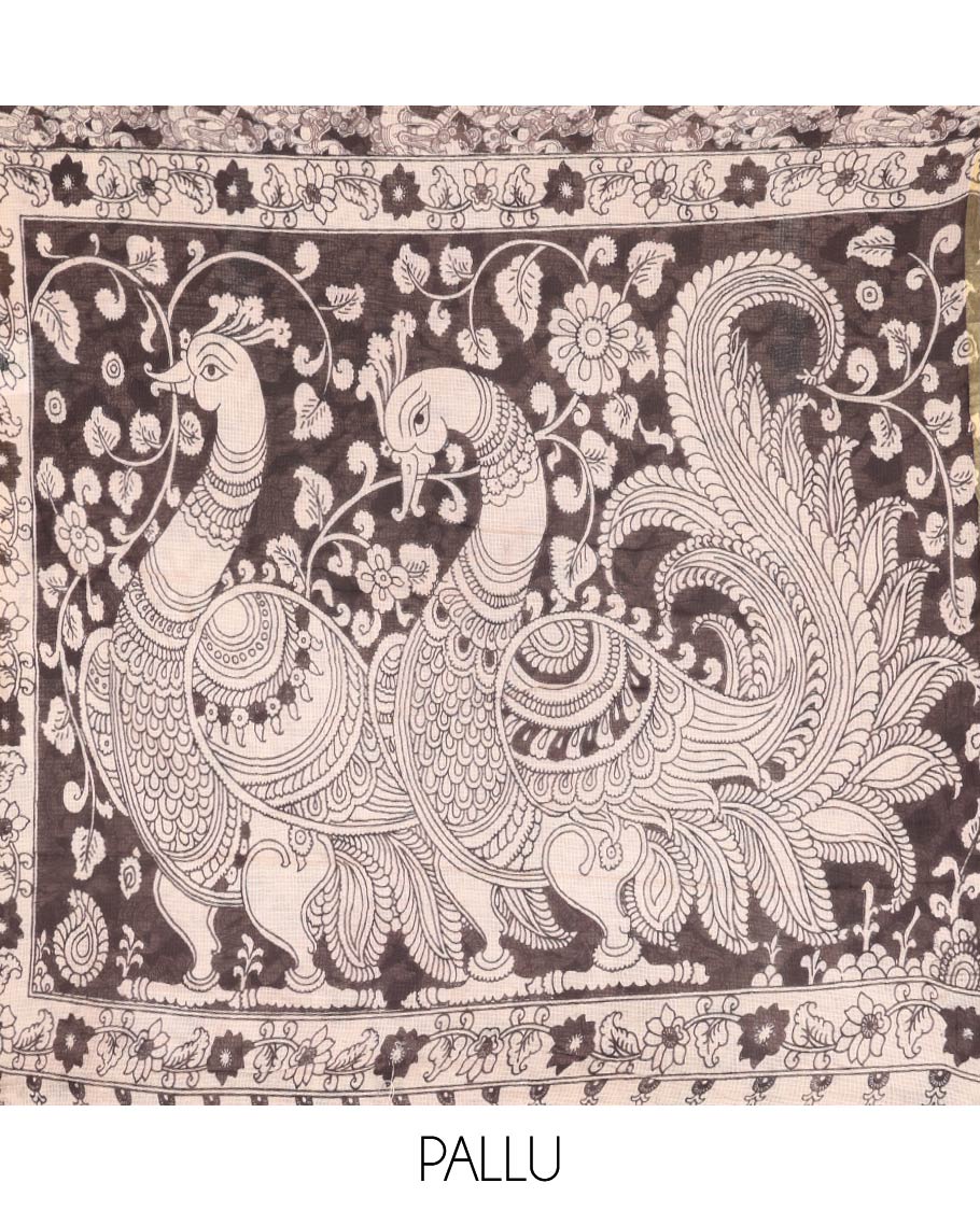 Black Machine-Printed Kalamkari Cotton Saree Features Human Motifs, a Piping Border, Pallu of Peacocks, and a Matching Blouse