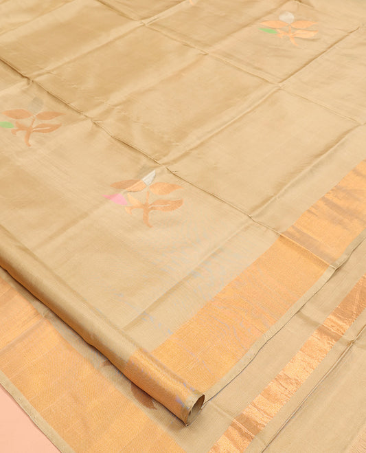 Gold Uppada Silk Saree, Beautified with Floral Zari Buttas, Highlighted by a Zari Bavanji Border, Pallu of Floral Buttas and Matching Blouse