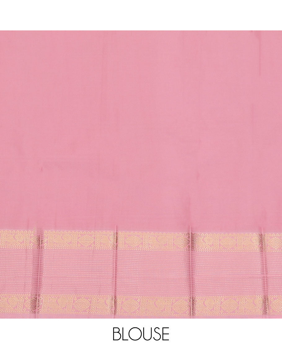 Pink Budget Silk Saree, Enthralled with Zari Buttas, Complemented by a Contrast Traditional Zari Border, Pallu of Paisley Vine, and a Contrast Blouse