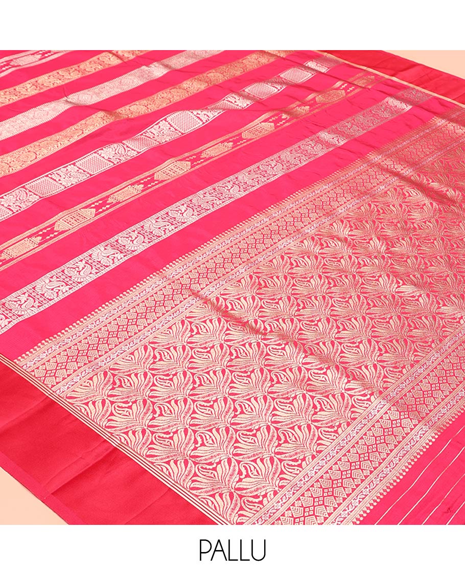 Rani Pink Dupion Silk Saree, Richly Features Vertically Woven Traditional Patterns in Zari, Complemented by Contrast Zari Satin Border, Rich Pallu, and Paired with a Matching Blouse
