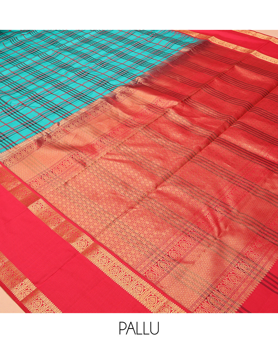 Blue Checked Vasundhara Lite Silk Mix Saree, a Contrast Rettai Pettu Thazampoo Rekku Border, Intricate Pallu, and a Contrast Blouse