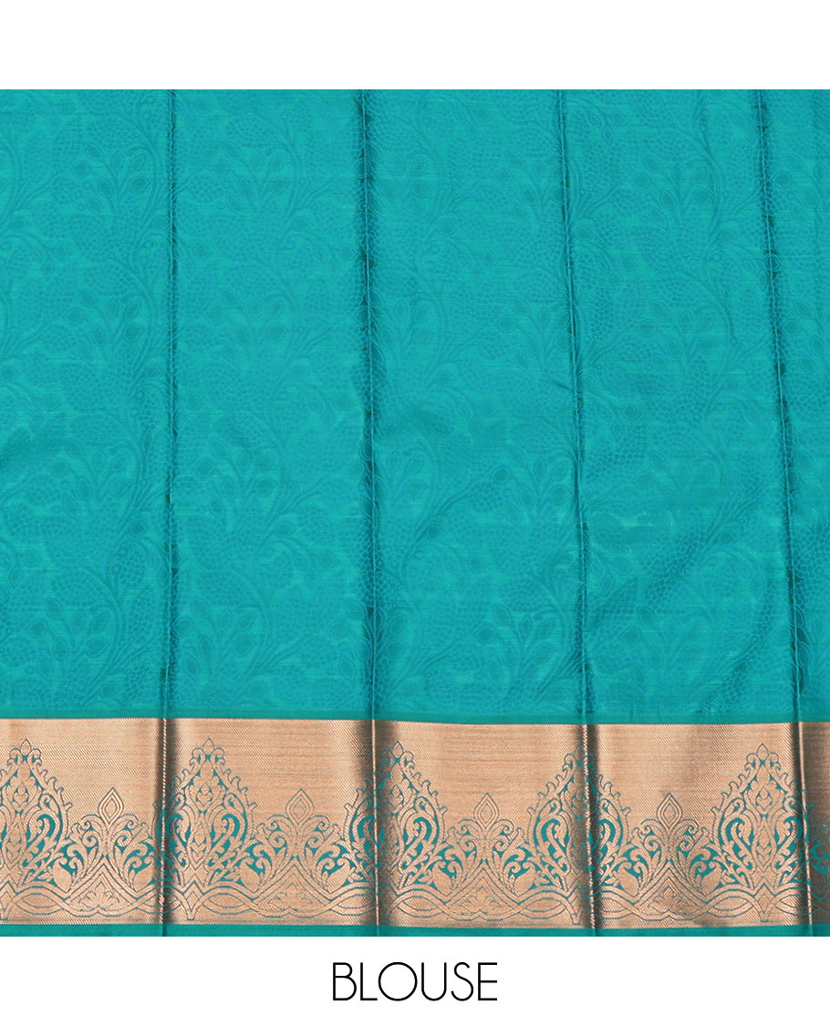 Peach Budget Silk Saree, Delicately Woven with a Jacquard Design, Complemented by a Contrast Floral Creeper Zari Border, Grand Pallu, and Contrast Blouse