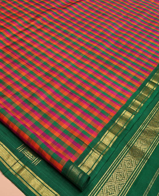 Multi-Color Palum Pazhamum Checked Kanchipuram Silk Saree, Complemented by a Contrast Korvai One-Sided Border of Banaras and Jaal Designs, Zari Design Pallu, and No Blouse