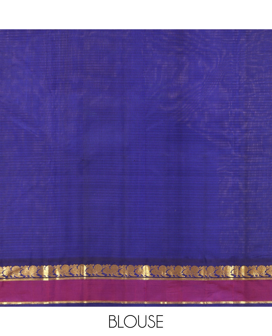 Blue Kanchipuram Silk Saree, Sparsely Sparkled with Vazhaipoo Stripes and Zari Buttas on Its Body, Complemented by Contrast Rettai Pettu Border of Mayil, and Kathir Designs, Zari-Striped Pallu, and Paired with a Contrast Blouse