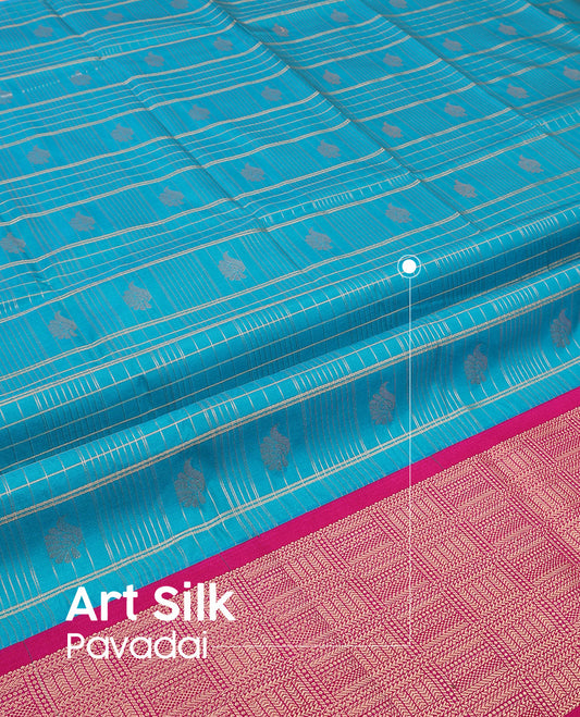 Light Blue Art Silk Pavadai Material Set Featuring a Zari Butta Enclosed Checked Skirt, Complemented by a Contrast Checked Zari Woven Border, and Paired with a Contrast Blouse