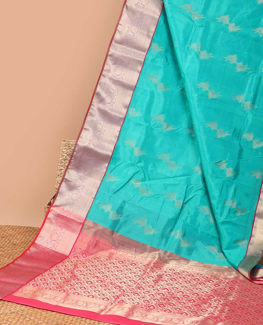 Blue floral buttas vasudhara elite silk saree with contrast intricate zari design border & floral, checked design pallu