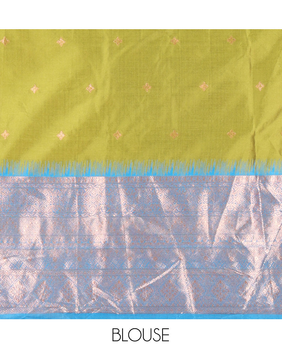 Parrot Green-Firozi Blue Semi-Silk Half-Saree, Zari Buttas Skirt, Contrast Traditional Zari Border, a Matching Blouse, a Contrast Blouse