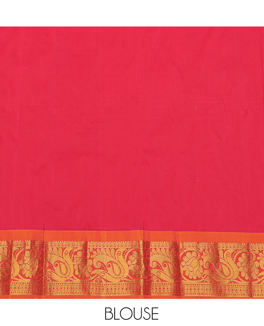 Red Art Silk Pavadai Material Set, Elevated with Zari Designs on Its Skirt, Complemented by a Contrast Paisley Zari Border, and a Matching Blouse