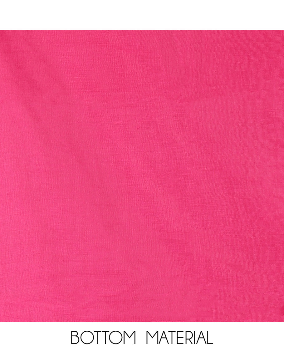 Rani Pink Mul Chanderi Material Churidar Features Jamdani-Style Meena Buttas Top, a Plain Bottom, and a Jamdani-Style Dupatta