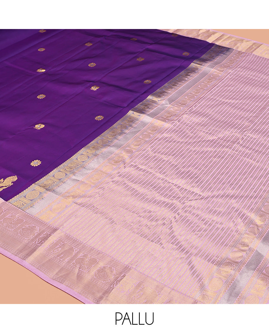 Violet Vasundhara Silk Saree, Elevated with Zari Buttas, Contrast Border of Thilakam, Mayil, Yaanai, and Kuthirai Designs, Grand Pallu, and Contrast Blouse
