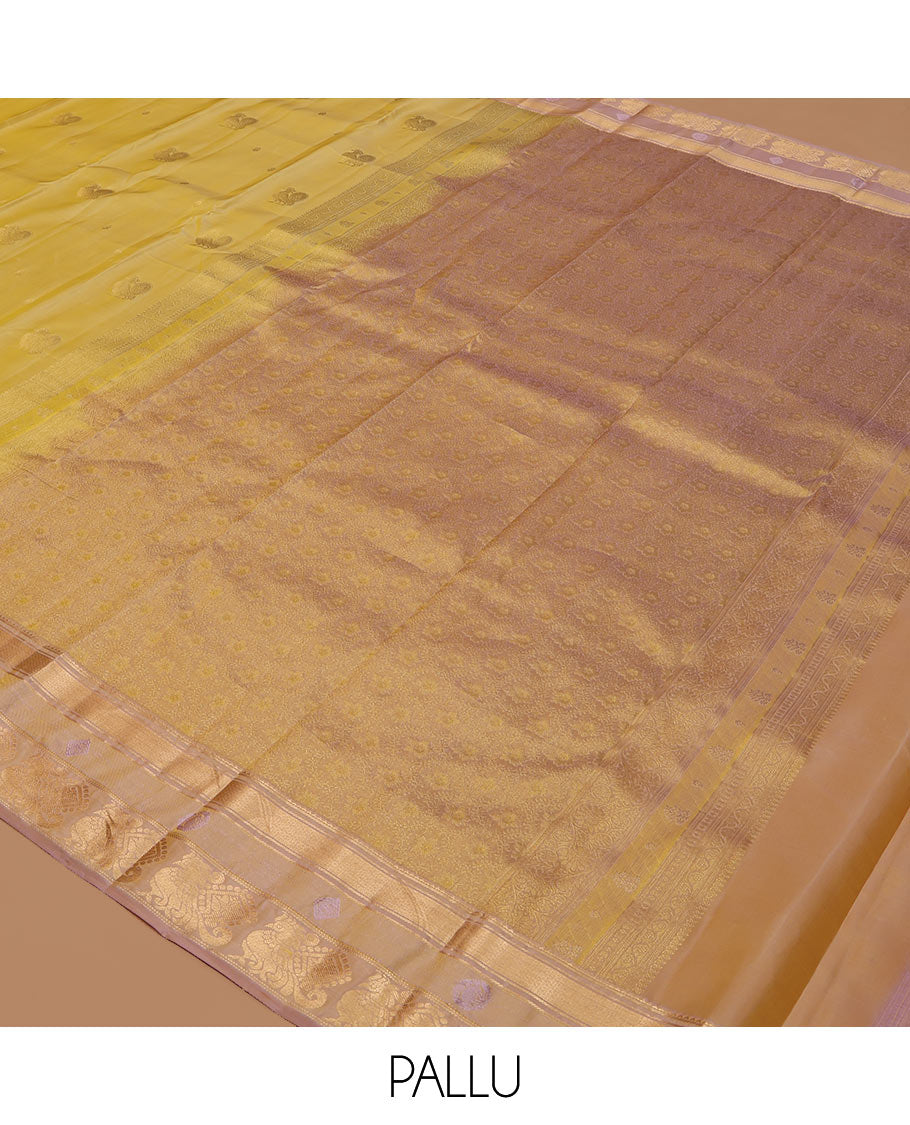 Yellow Vasundhara Lite Silk Mix Saree, Detailed with Mayil Buttas, a Contrast Mayil Border, an Intricate Pallu, and a Matching Blouse