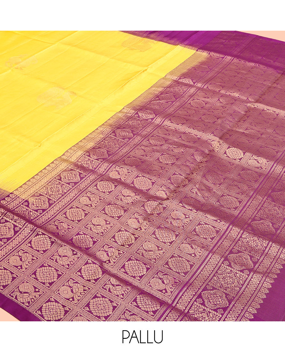 Yellow Mayuri Soft Silk Saree, Sparsely Woven with Mayil Buttas, Contrast Border of Mayil Designs, Pallu of Butta Enclosed Checks, and a Contrast Blouse