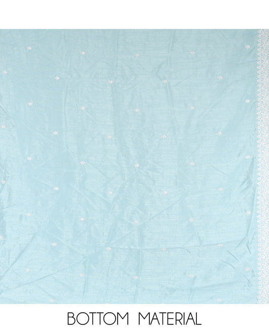 Sky Blue Mul Chanderi Material Chudidar Set, Thread-Embroidered Top, Plain Bottom, Thread-Embroidered Dupatta