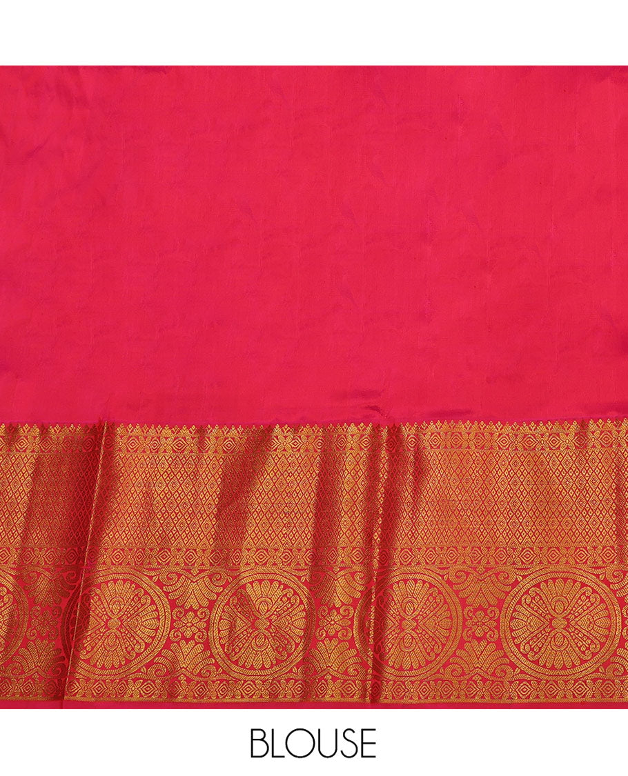 Gold Pure Silk Half-Saree, Spotlighted with Zari Buttas All Over Its Skirt, Complemented by Contrast Border of Jaal and Chakram Designs, Paired with a Contrast Blouse, and Comes with a Floral Design Dhavani