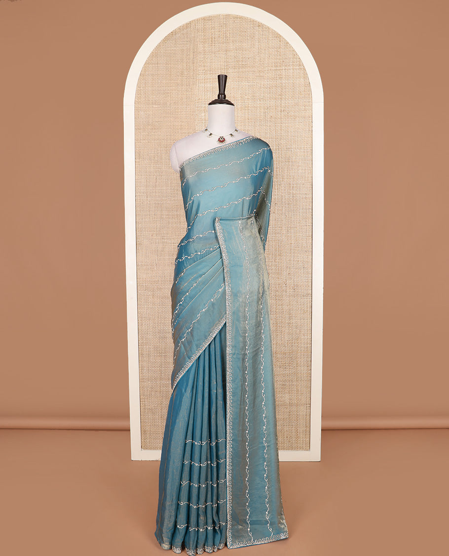 Blue floral creeper micro stone work designer saree, micro-stone work border, and floral creeper micro stone work pallu