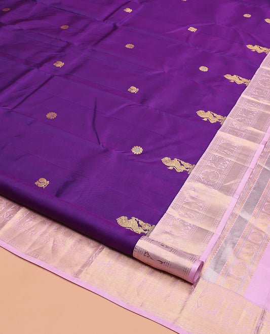 Violet Vasundhara Silk Saree, Elevated with Zari Buttas, Contrast Border of Thilakam, Mayil, Yaanai, and Kuthirai Designs, Grand Pallu, and Contrast Blouse