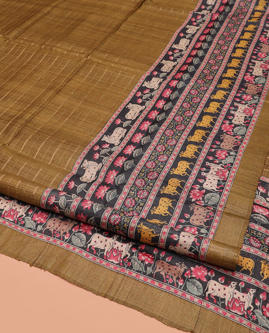 Mustard Tussar Silk Saree, Sparsely Threaded with Stripes, Complemented by a Contrast Pichwai Cow-Lotus Print Border, Printed Pallu, and a Contrast Blouse