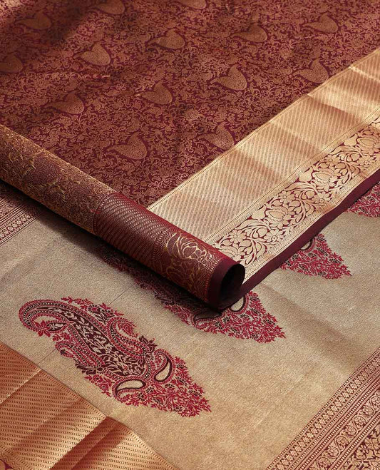 Moroon floral jacqaurd kancheepuram silk saree with self border of muthu, banaras, floral design & zari design pallu