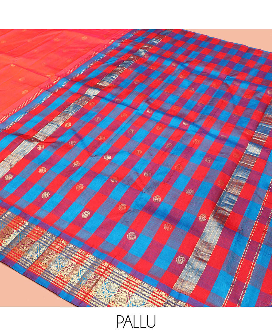 Pink-Peach Kanchipuram Silk Saree, Detailed with Zari Buttas, Contrast Korvai Traditional Border, Checked Pallu of Zari Design, and No Blouse