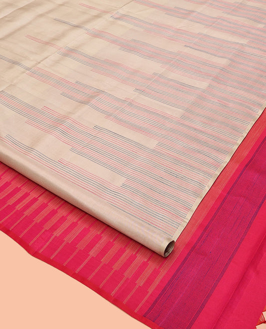 Borderless Cream-based Mayuri Soft Silk Saree, Steeped with Multi-color Stripes All Over Its Body, Complemented by Contrast Seppu Rekku Pallu, and Paired with a Contrast Blouse