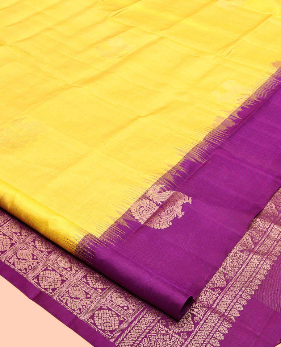 Yellow Mayuri Soft Silk Saree, Sparsely Woven with Mayil Buttas, Contrast Border of Mayil Designs, Pallu of Butta Enclosed Checks, and a Contrast Blouse
