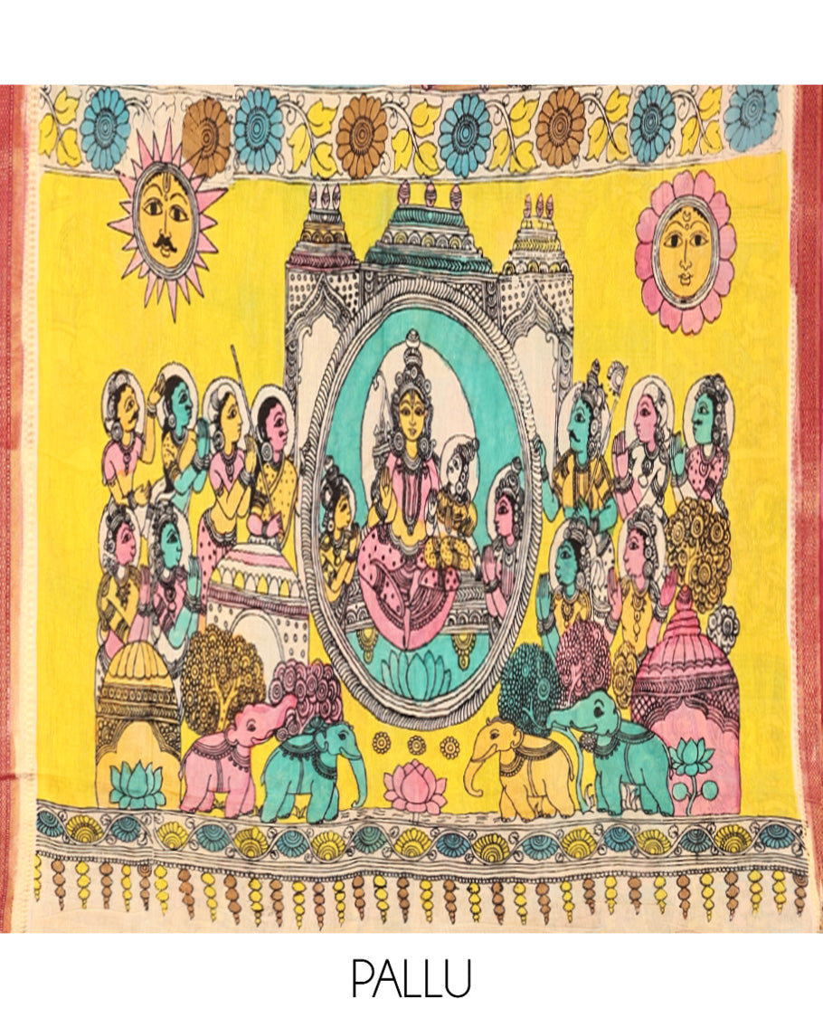Multi-Color Kalamkari Silk Saree, Meticulously Crafted with Ancient Human Motifs Print, a Contrast Traditional Zari Border, Human Motifs Pallu, and a Contrast Blouse