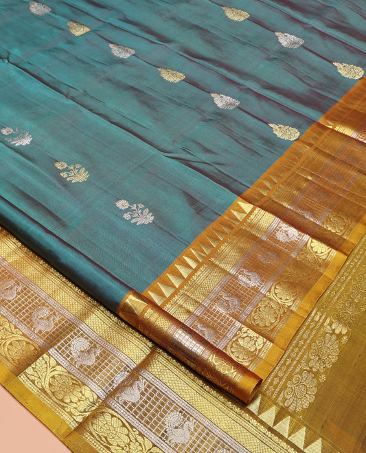 Green Venkatagiri Silk Saree,  Detailed with Zari Buttas All Over Its Body, Complemented by a Contrast Traditional Zari Design Border, Grand Jaal Pallu, and Paired with a Contrast Blouse
