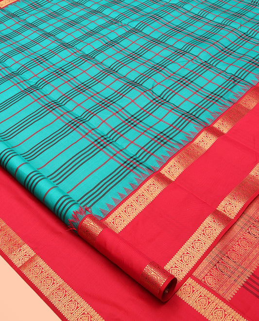Blue Checked Vasundhara Lite Silk Mix Saree, a Contrast Rettai Pettu Thazampoo Rekku Border, Intricate Pallu, and a Contrast Blouse
