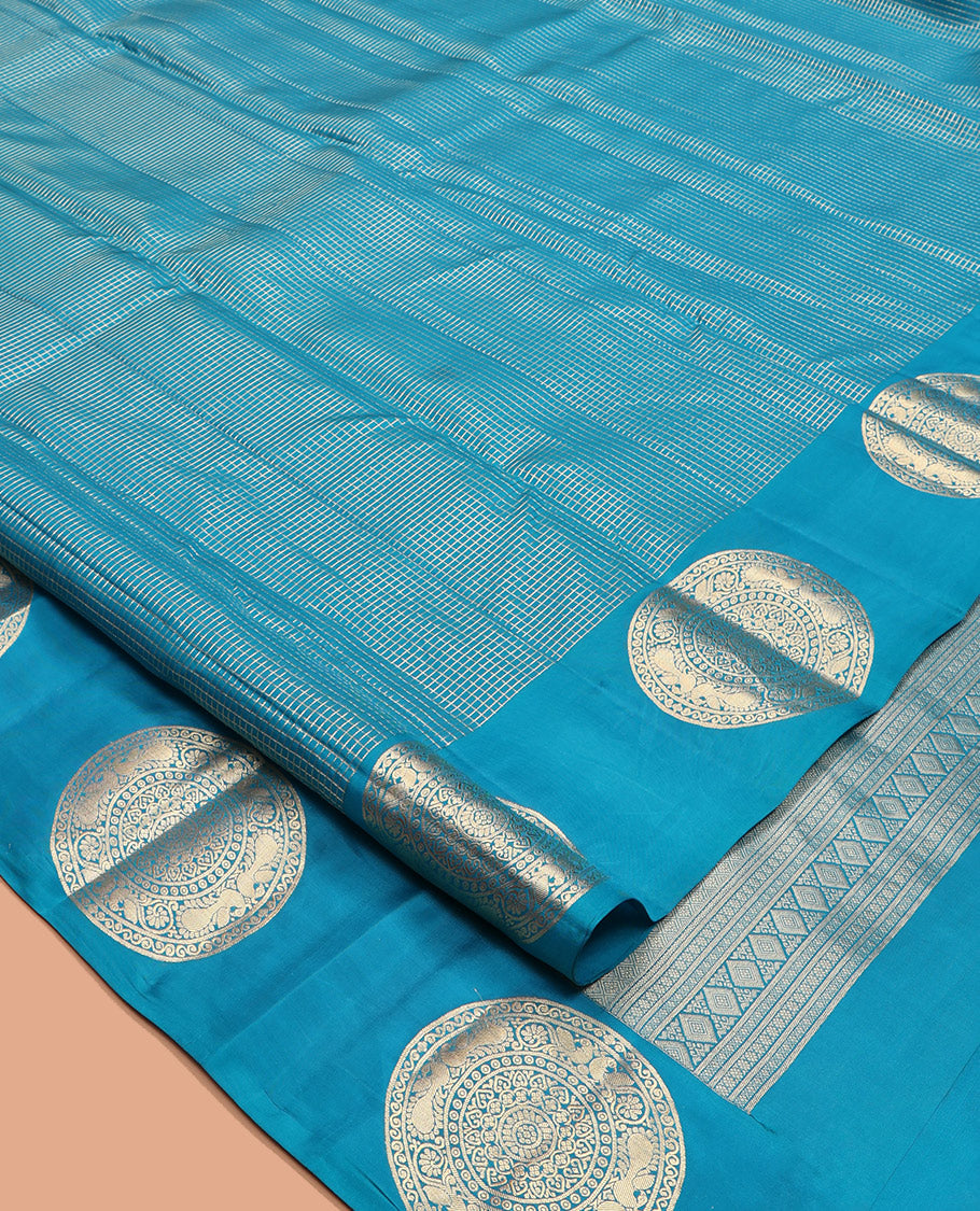 Blue Zari Checked Vasundhara Lite-Silk Mix Saree, Highlighted by Zari Chakram Motifs Border, Grand Jaal Pallu, and a Matching Blouse