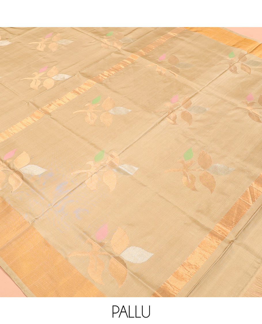 Gold Uppada Silk Saree, Beautified with Floral Zari Buttas, Highlighted by a Zari Bavanji Border, Pallu of Floral Buttas and Matching Blouse