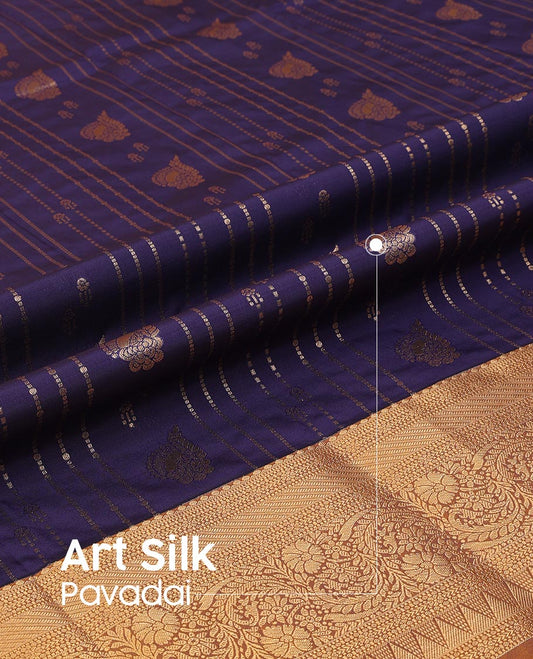 Navy Blue Art Silk Pavadai Material Set, Bedecked with Zari Buttas Skirt, Complemented by a Contrast Traditional Zari Design Border, and Paired with a Contrast Blouse