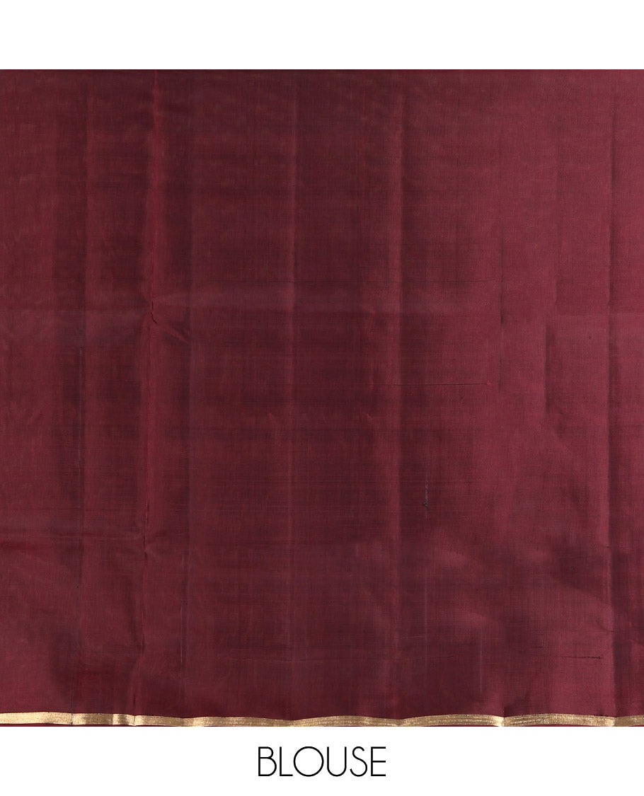 Maroon Mayuri Lite Silk Mix Saree, Highlighted by Muthu Zari Stripes, a Subtle Piping Border, Pallu Steeped with Parrot Designs, and a Matching Blouse