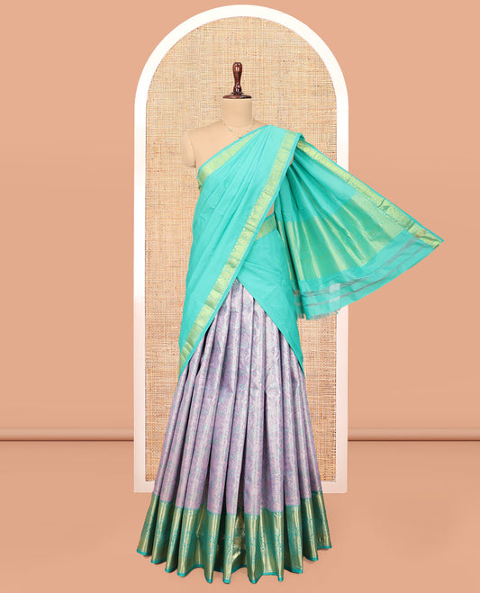 Grey Art Silk Material Half Saree Set, Adorned with Jacquard Design Skirt, a Contrast Traditional Zari Design Border, Contrast Zari-Jacquard Blouse, and a Dhavani of Paisley Designs
