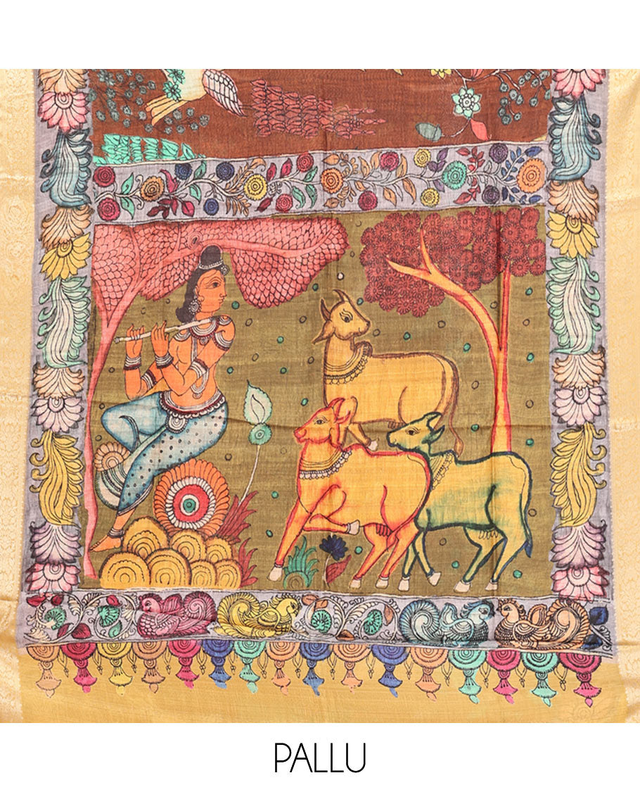 Brown Kalamkari Printed Semi-Banarasi Tussar Saree, Embellished with Floral Design, Contrast Border, Pallu of Lord Krishna Design, and a Contrast Blouse
