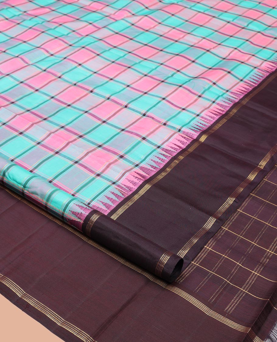 Multi-Color Checked Kanchipuram Silk Saree, Complemented by a Contrast Temple Bodi Border, Zari Striped Pallu, and Contrast Blouse