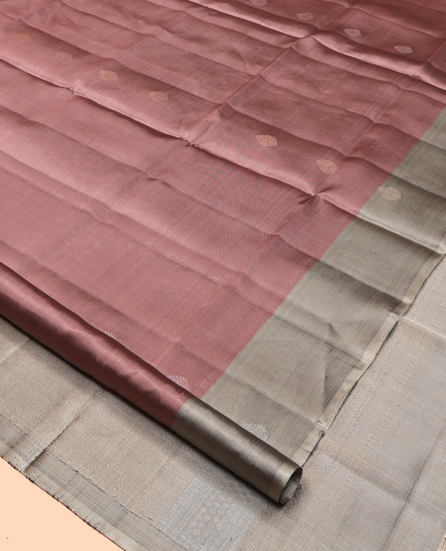 Pale Brown Mayuri Lite Silk Mix Saree, Richly Decked Up with Zari Buttas, Complemented by Contrast Border, Sparsely Woven Pallu and a Contrast Blouse