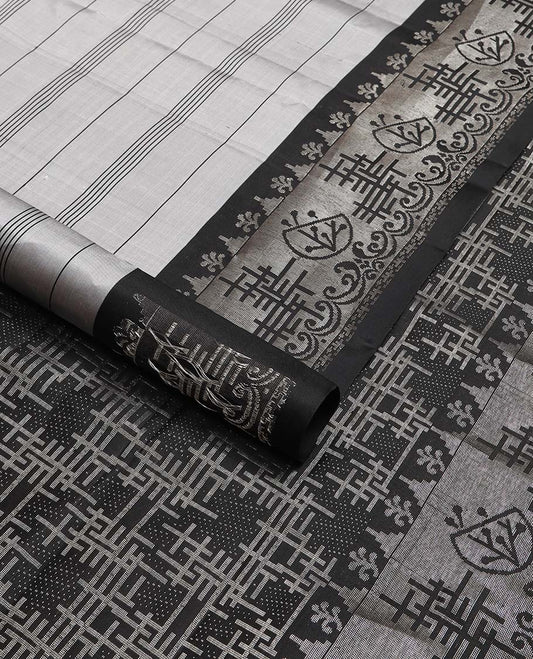 Grey striped mayuri soft silk saree with contrast intricate design border & abstract design pallu